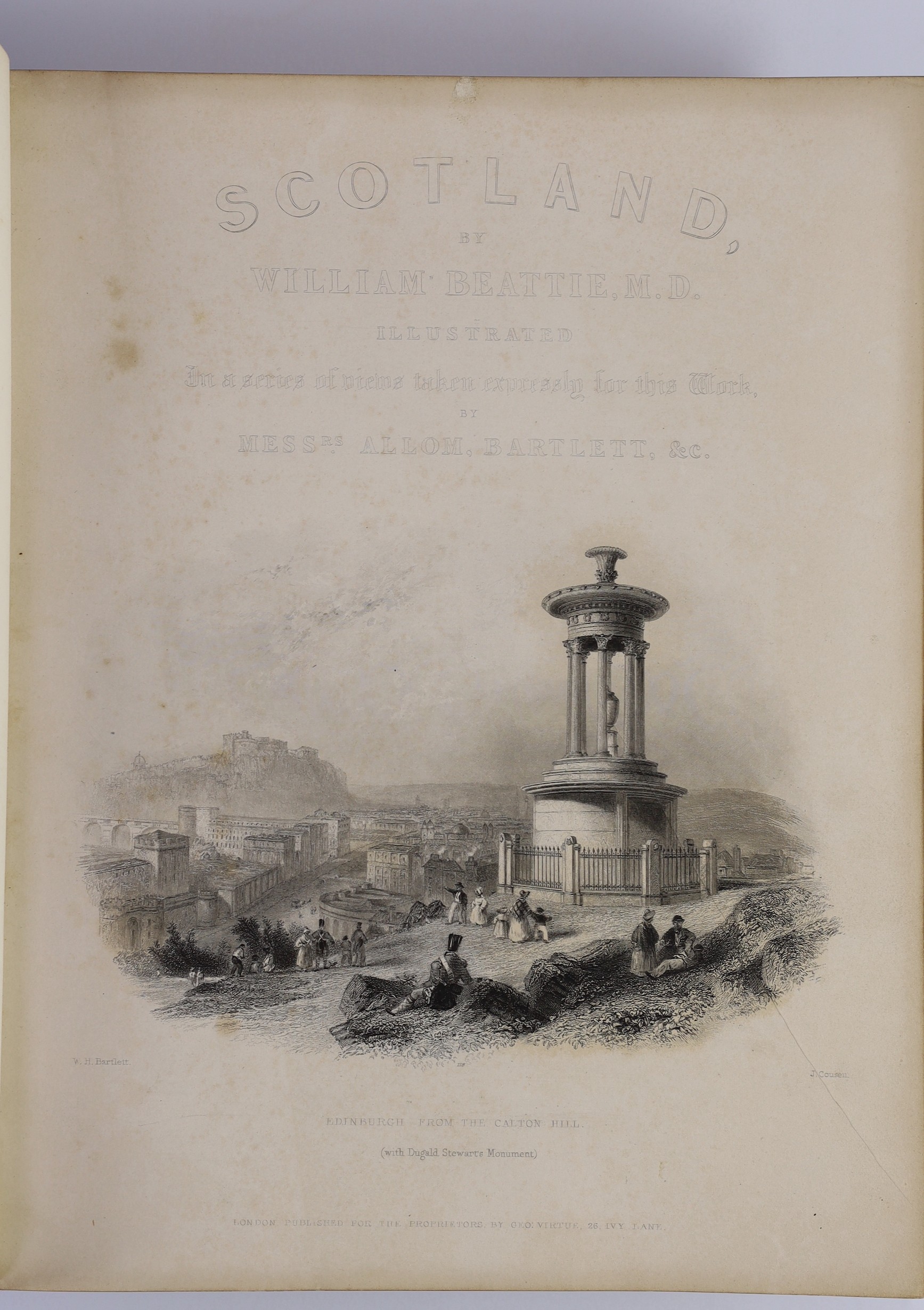 Beattie, William - Scotland illustrated, 2 vols, illustrated by Allom, Bartlett et al, 4to, red morocco gilt, with 2 engraved titles, folding map and 118 plates, George Virtue, London, 1842 and The Castles and Abbeys of